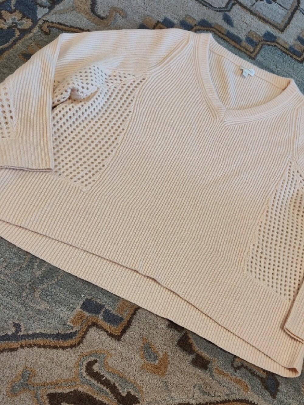 Garnet Hill Open-Knit V-Neck Sweater in Pale Pink - Picture 5 of 8